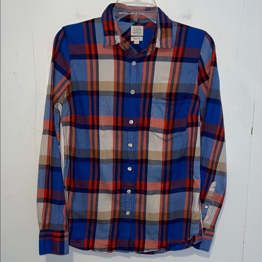 J. Crew Women’s Blue, Red & White Plaid Button-Down Shirt Perfect Fit 0327262
